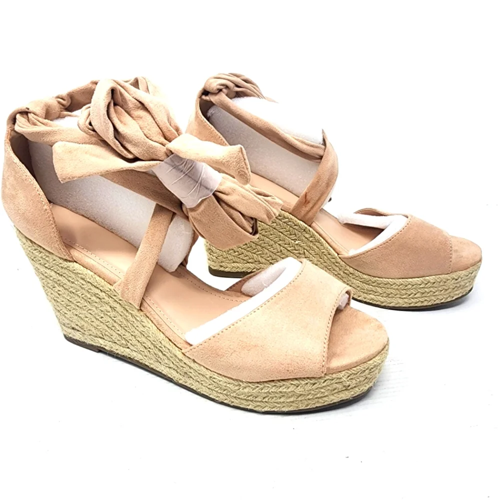 New‎ Blush Pink Espadrille Wedge Sandals Suede Ankle Tie Platforms Size 9.5